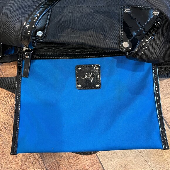 Milly - Mod look B&W Messenger Tote Bag. Color Block Canvas & Patent Leather - Picture 14 of 16